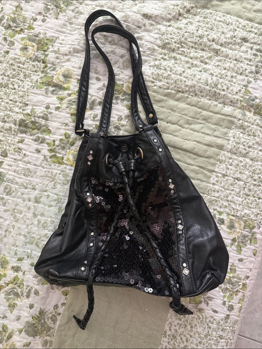 Y2K Black Sequin Drawstring Shoulder Bag